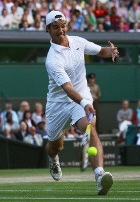 LONDON - JUNE 30:  Richard Gasquet of France plays a forehand during the men's singles round four match against Andy Murray of Great Britain on day seven of the Wimbledon Lawn Tennis Championships at the All England Lawn Tennis and Croquet Club on June 30