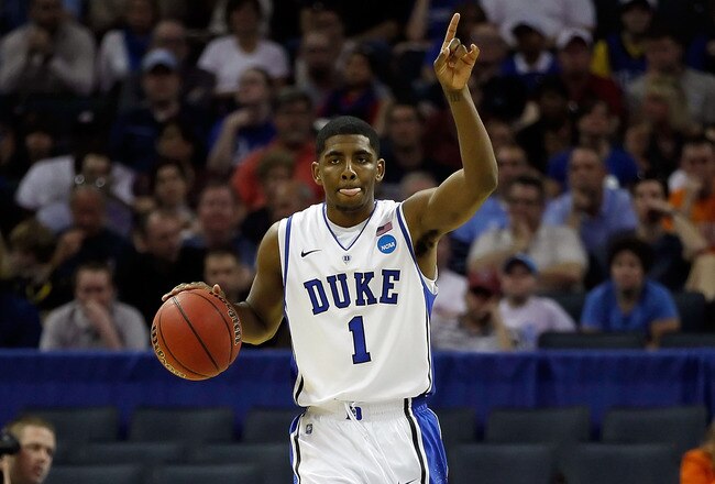 CHARLOTTE, NC - MARCH 18:  Kyrie Irving #1 of the Duke Blue Devils calls a play in the first half while taking on the Hampton Pirates during the second round of the 2011 NCAA men's basketball tournament at Time Warner Cable Arena on March 18, 2011 in Char