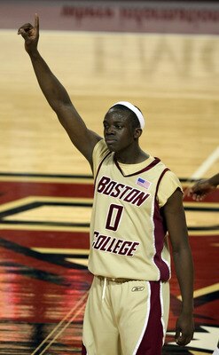 CHESTNUT HILL, MA - FEBRUARY 15:  Reggie Jackson #0 of the Boston College Eagles celebrates late in the second half after the Eagles took the lead against the Duke Blue Devils on February 15, 2009 at Conte Forum in Chestnut Hill, Massachusetts. Boston Col