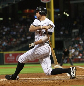 HOUSTON - JUNE 13:  Hunter Pence #9 of the Houston Astros loses the grip on his bat as he swings against the Atlanta Braves at Minute Maid Park on June 13, 2011 in Houston, Texas.  (Photo by Bob Levey/Getty Images)