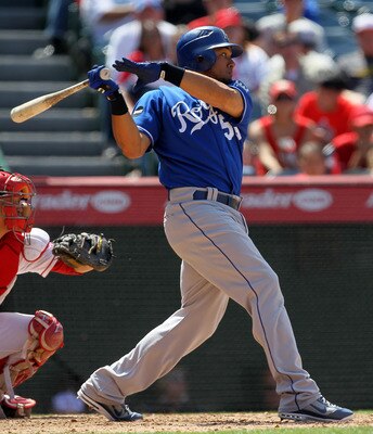 ANAHEIM, CA - JUNE 12:  Melky Cabrera #53 of the Kansas City Royals hits an RBI single in the eighth inning against the Los Angeles Angels of Anaheim on June 12, 2011 at Angel Stadium in Anaheim, California.  The Royals won 9-0.  (Photo by Stephen Dunn/Ge
