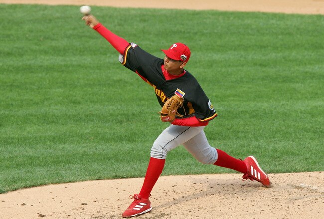PITTSBURGH - JULY 09:  Carlos Carrasco #37 of the World Team pitches against the U.S.A. Team during the XM Satellite Radio All-Star Futures Game at PNC Park on July 9, 2006 in Pittsburgh, Pennsylvania.  (Photo by Jim McIsaac/Getty Images)