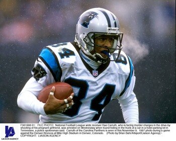 F361998 01: FILE PHOTO: National Football League wide receiver Rae Carruth, who is facing murder charges in the drive-by shooting of his pregnant girlfriend, was arrested on Wednesday when found hiding in the trunk of a car in a hotel parking lot in Tenne