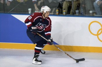 24 Feb 2002:    Gary Suter #20 of the USA plays the puck during the men's gold medal game at the Salt Lake City Winter Olympic Games at the E Center in Salt Elsa Hasch/Getty Images