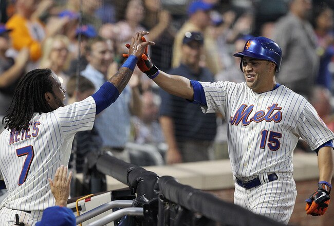 NEW YORK, NY - JUNE 18:  Carlos Beltran #15 of the New York Mets celebrates a two run home run with Jose Reyes #7 in the fifth inning against the Los Angeles Angels of Anaheim during their game on June 18, 2011 at Citi Field in the Flushing neighborhood o