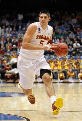 DAYTON, OH - MARCH 16:  Nikola Vucevic #5 of the USC Trojans handles the ball against the Virginia Commonwealth Rams during the first round of the 2011 NCAA men's basketball tournament at UD Arena on March 16, 2011 in Dayton, Ohio.  (Photo by Gregory Sham
