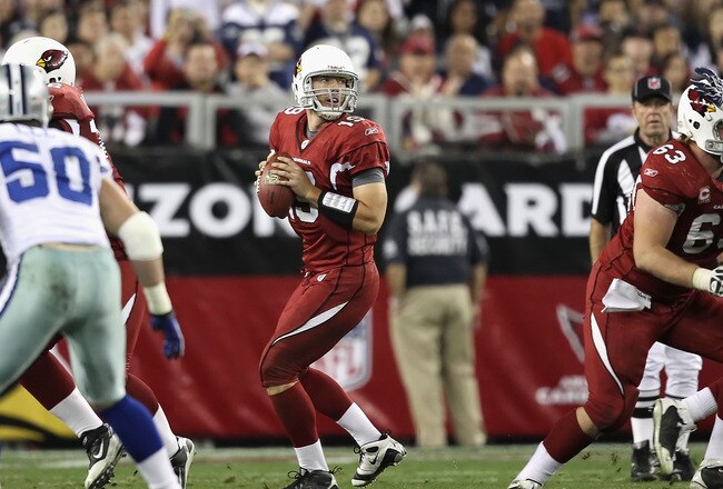 GLENDALE, AZ - DECEMBER 25:  Quarterback John Skelton #19 of the Arizona Cardinals drops back to half during the NFL game against the Dallas Cowboys at the University of Phoenix Stadium on December 25, 2010 in Glendale, Arizona. The Cardinals defeated the