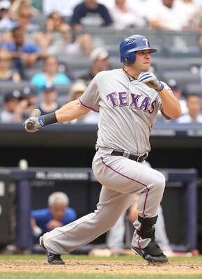 NEW YORK, NY - JUNE 16:  Mitch Moreland #18 of the Texas Rangers in action against the New York Yankees during their game on June 16, 2011 at Yankee Stadium in the Bronx borough of New York City.  (Photo by Al Bello/Getty Images)