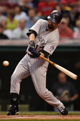 CLEVELAND, OH - JUNE 20:  Todd Helton #17 of the Colorado Rockies bats in the first inning against the Cleveland Indians at Progressive Field on June 20, 2011 in Cleveland, Ohio.  (Photo by Jamie Sabau/Getty Images)