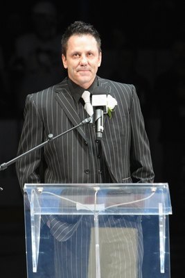 TORONTO - JANUARY 31:  Former Toronto Maple Leafs player Doug Gilmour speaks during a ceremony raising his #93 jersey to the rafters before the game against the Pittsburgh Penguins at Air Canada Centre on January 31, 2009 in Toronto, Ontario, Canada. (Pho