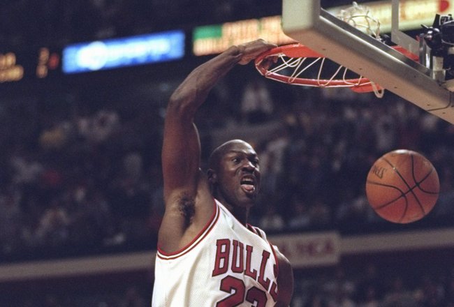 19 May 1998:  Michael Jordan #23 of the Chicago Bulls slam dunks the ball during an Eastern Conference Final game against the Indiana Pacers at the United Center in Chicago, Illinois. The Bulls defeated the Pacers 104-98. Mandatory Credit: Jonathan Daniel