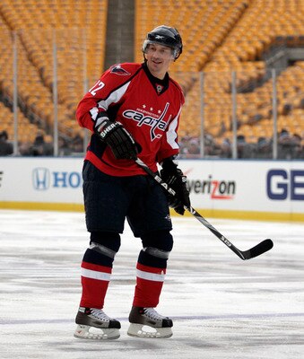 PITTSBURGH, PA - DECEMBER 31:  Peter Bondra #12 of the Washington Capitals skates against the Pittsburgh Penguins during the 2011 NHL Winter Classic Alumni Game on December 31, 2010 at Heinz Field in Pittsburgh, Pennsylvania.  (Photo by Justin K. Aller/Ge