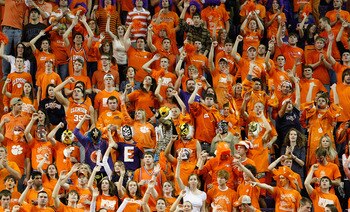 CLEMSON, SC - JANUARY 13:  Fans of the Clemson Tigers cheer against the North Carolina Tar Heels at Littlejohn Coliseum on January 13, 2010 in Clemson, South Carolina.  (Photo by Kevin C. Cox/Getty Images)