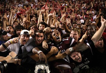 COLUMBIA, SC - SEPTEMBER 24:  Chris Culliver #17 of the South Carolina Gamecocks celebrates with fans after a 16-10 victory over the Ole Miss Rebels after their game at Williams-Brice Stadium on September 24, 2009 in Columbia, South Carolina.  (Photo by S