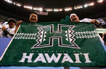 NEW ORLEANS - JANUARY 01:  Fans of the Hawai'i Warriors support their team against the Georgia Bulldogs during the Allstate Sugar Bowl at the Louisiana Superdome on January 1, 2008 in New Orleans, Louisiana.  (Photo by Kevin C. Cox/Getty Images)
