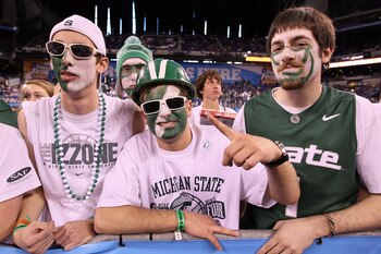 INDIANAPOLIS - APRIL 03:  Fans of the Michigan State Spartans support their team against the Butler Bulldogs before the National Semifinal game of the 2010 NCAA Division I Men's Basketball Championship on April 3, 2010 in Indianapolis, Indiana.  (Photo by