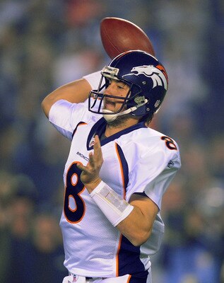 SAN DIEGO - NOVEMBER 22:  Quarterback Kyle Orton #8 of the Denver Broncos throiws a pass against San Diego Chargers at Qualcomm Stadium on November 22, 2010 in San Diego, California.  (Photo by Kevork Djansezian/Getty Images)