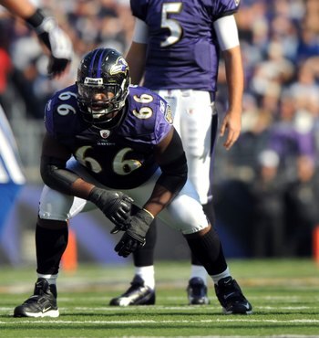 BALTIMORE - NOVEMBER 22:  Ben Grubbs #66 of the Baltimore Ravens defends against the Indianapolis Colts at M&T Bank Stadium on November 22, 2009 in Baltimore, Maryland. The Colts defeated the Ravens 17-15. (Photo by Larry French/Getty Images)