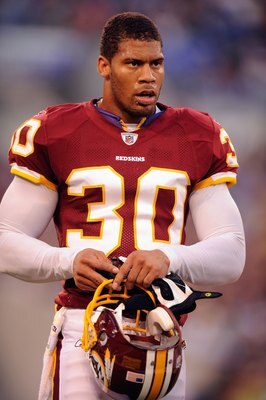 BALTIMORE, MD - AUGUST 13:  LaRon landry #30 of the Washington Redskins looks on during a NFL preseason football game against the Baltimore Ravens on August 13, 2009 at M & T Bank Stadium in Baltimore, Maryland.   (Photo by Mitchell Layton/Getty Images)