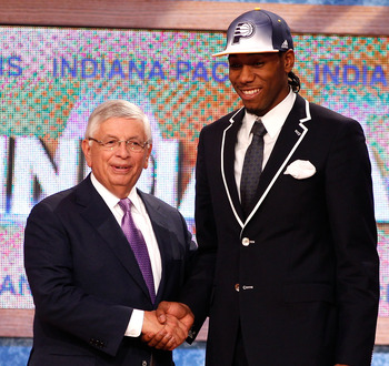 NEWARK, NJ - JUNE 23:  Kawhi Leonard from San Diego State greets NBA Commissioner David Stern after he was selected #15 overall by the Indiana Pacers in the first round during the 2011 NBA Draft at the Prudential Center on June 23, 2011 in Newark, New Jer