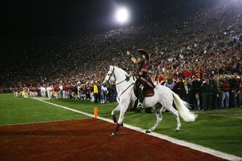 LOS ANGELES - NOVEMBER 25:  The USC Trojans horse mascot Traveler rides on the field during the game against the Notre Dame Fighting Irish at the Los Angeles Memorial Coliseum on November 25, 2006 in Los Angeles, California. USC won 44-24. (Photo by Steph