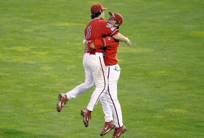 OMAHA, NE - JUNE 25:  Steve Detwiler #15 of the Fresno State Bulldogs celebrates with Erik Wetzel #3 against the Georgia Bulldogs during Game 3 of the 2008 Men's College World Series Championship June 25, 2008 at Rosenblatt Stadium in Omaha, Nebraska.  (P