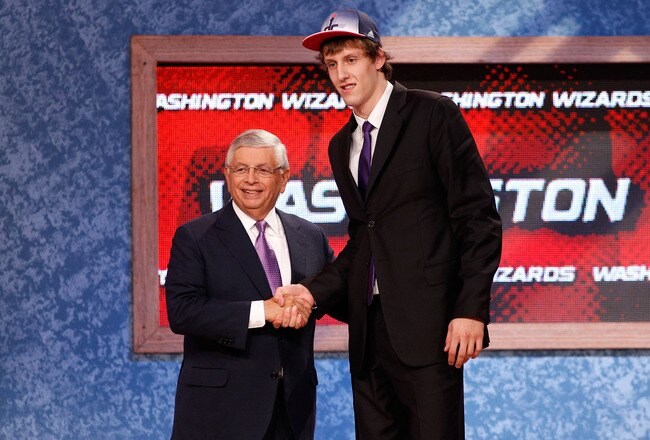 NEWARK, NJ - JUNE 23:  Jan Vesely from the Czech Republic greet NBA Commissioner David Stern after he was selected #6 overall by the Washington Wizards in the first round during the 2011 NBA Draft at the Prudential Center on June 23, 2011 in Newark, New J