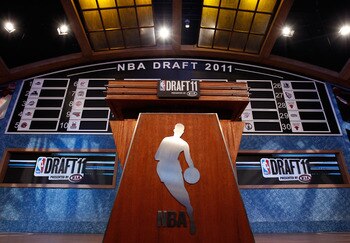 NEWARK, NJ - JUNE 23:  A general view of the draft board and podium on the stage during the 2011 NBA Draft at the Prudential Center on June 23, 2011 in Newark, New Jersey.  NOTE TO USER: User expressly acknowledges and agrees that, by downloading and/or u