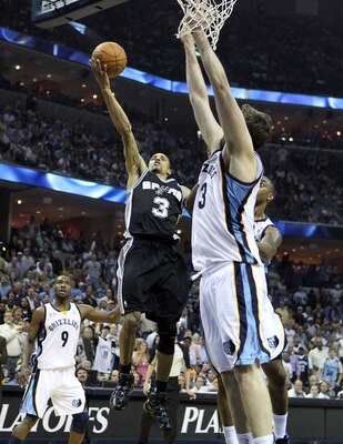 MEMPHIS, TN - APRIL 29: George Hill #3 of the San Antonio Spurs shoots the ball while defended by Marc Gasol #33 of the Memphis Grizzlies in Game Six of the Western Conference Quarterfinals in the 2011 NBA Playoffs at FedExForum on April 29, 2011 in Memph