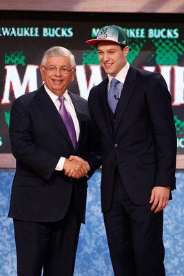 NEWARK, NJ - JUNE 23:  Jimmer Fredette from BYU greets NBA Commissioner David Stern after he was selected #10 overall by the Milwaukee Bucks in the first round during the 2011 NBA Draft at the Prudential Center on June 23, 2011 in Newark, New Jersey.  NOT