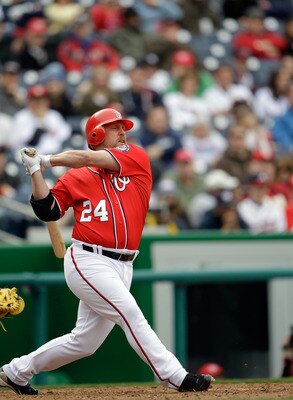 WASHINGTON, DC - APRIL 03: Matt Stairs #24 of the Washington Nationals at bat against the Atlanta Braves at Nationals Park on April 3, 2011 in Washington, DC.  (Photo by Rob Carr/Getty Images)