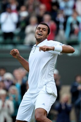 LONDON, ENGLAND - JUNE 23:  Jo-Wilfried Tsonga of France celebrates match point during his second round match against Grigor Dimitrov of Bulgaria on Day Four of the Wimbledon Lawn Tennis Championships at the All England Lawn Tennis and Croquet Club on Jun