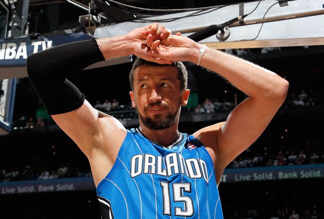 ATLANTA, GA - APRIL 22:  Hedo Turkoglu #15 of the Orlando Magic reacts after fouling Josh Smith #5 of the Atlanta Hawks during Game Three of the Eastern Conference Quarterfinals in the 2011 NBA Playoffs at Philips Arena on April 22, 2011 in Atlanta, Georg