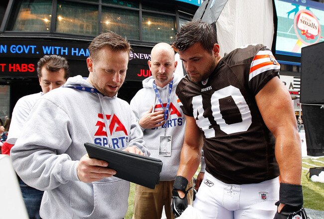 NEW YORK - APRIL 28:  Peyton Hillis #40 of the Cleveland Browns participates in a photo shoot for the cover of EA Sports Madden NFL 12 on April 28, 2011 in Time Square, New York City  (Photo by Mike Stobe/Getty Images for EA Sports)