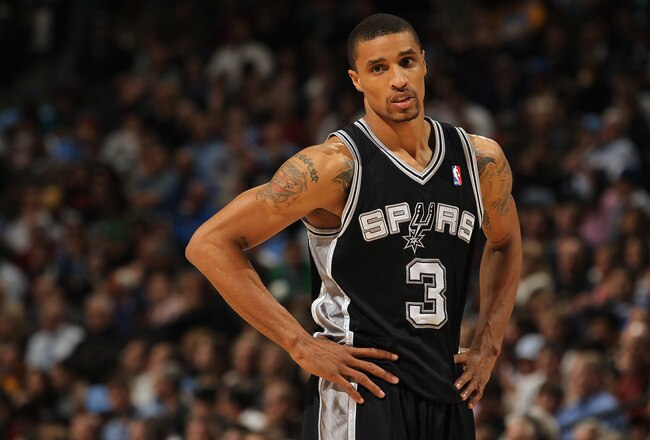 DENVER, CO - MARCH 23:  George Hill #3 of the San Antonio Spurs looks on during a break in the action against the Denver Nuggets at the Pepsi Center on March 23, 2011 in Denver, Colorado. The Nuggets defeated the Spurs 115-112. NOTE TO USER: User expressl