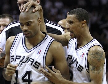 SAN ANTONIO, TX - APRIL 27:  Gary Neal #14 of the San Antionio Spurs celebrates with George Hill #3 after hitting a three pointer at the end of regulation to tie the game against the Memphis Grizzlies in Game Five of the Western Conference Quarterfinals i