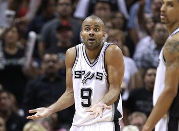SAN ANTONIO, TX - APRIL 27:  Tony Parker #9 of the San Antionio Spurs reacts to a call during the game against the Memphis Grizzlies in Game Five of the Western Conference Quarterfinals in the 2011 NBA Playoffs on April 27, 2011 at AT&T Center in San Anto