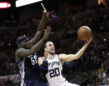 SAN ANTONIO, TX - APRIL 27:  Manu Ginobili #20 of the San Antionio Spurs shoots over Zach Randolph #50 of the Memphis Grizzlies in Game Five of the Western Conference Quarterfinals in the 2011 NBA Playoffs on April 27, 2011 at AT&T Center in San Antonio,
