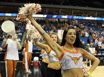 TULSA, OK - MARCH 18:  Texas Longhorns cheerleaders perform during the second round game against the Oakland Golden Grizzlies in the 2011 NCAA men's basketball tournament at BOK Center on March 18, 2011 in Tulsa, Oklahoma.  (Photo by Ronald Martinez/Getty