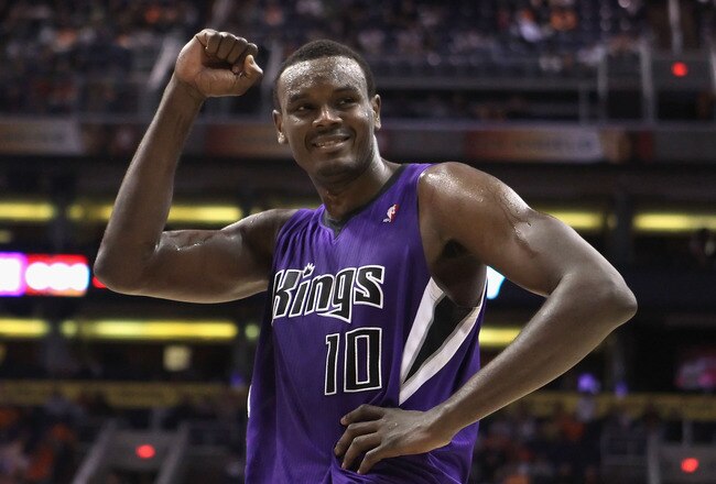 PHOENIX, AZ - FEBRUARY 13:  Samuel Dalembert #10 of the Sacramento Kings reacts to the crowd during the NBA game against the Phoenix Suns at US Airways Center on February 13, 2011 in Phoenix, Arizona. The Kings defeated the Suns 113-108.  NOTE TO USER: Us