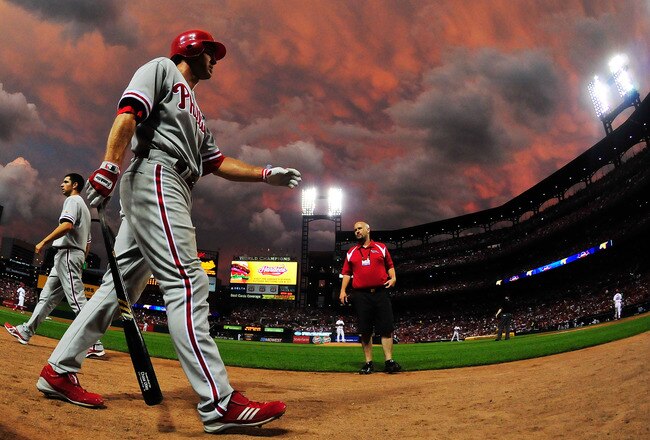 ST. LOUIS, MO - JUNE 21: Chase Utley #26 of the Philadelphia Phillies walks to the on deck circle during a game against the St. Louis Cardinals at Busch Stadium on June 21, 2011 in St. Louis, Missouri.  (Photo by Jeff Curry/Getty Images)