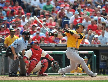 PHILADELPHIA - JUNE 26: Hideki Matsui #55 of the Oakland Athletics grounds out to first in the top of the ninth inning against the Philadelphia Phillies at Citizens Bank Park on June 26, 2011 in Philadelphia, Pennsylvania. (Photo by Christopher Pasatieri/