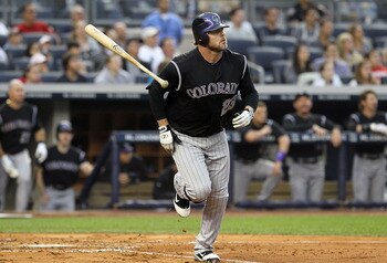 NEW YORK, NY - JUNE 24:  Jason Giambi #23 of the Colorado Rockies watches the flight of his second inning home run against the New York Yankees on June 24, 2011 at Yankee Stadium in the Bronx borough of New York City.  (Photo by Jim McIsaac/Getty Images)