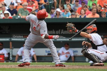 BALTIMORE, MD - JUNE 26: Brandon Phillips #4 of the Cincinnati Reds is brushed back by a pitch as catcher Craig Tatum #15 of the Baltimore Orioles looks on during the sixth inning at Oriole Park at Camden Yards on June 26, 2011 in Baltimore, Maryland.  (P