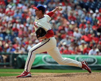 PHILADELPHIA - JUNE 26: Roy Halladay #34 of the Philadelphia Phillies delivers a pitch in the top of the ninth inning against the Oakland Athletics at Citizens Bank Park on June 26, 2011 in Philadelphia, Pennsylvania. (Photo by Christopher Pasatieri/Getty