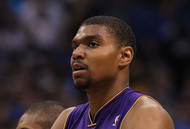 DALLAS, TX - MAY 08:  Andrew Bynum #17 of the Los Angeles Lakers is ejected from play against the Dallas Mavericks in Game Four of the Western Conference Semifinals during the 2011 NBA Playoffs on May 8, 2011 at American Airlines Center in Dallas, Texas. 