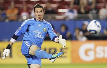 FRISCO, TX - JUNE 25: Troy Perkins #1 of the Portland Timbers kicks the ball to midfield during the second half of a soccer game against FC Dallas at Pizza Hut Park on June 25, 2011 in Frisco, Texas. FC Dallas won 4-0. (Photo by Brandon Wade/Getty Images)