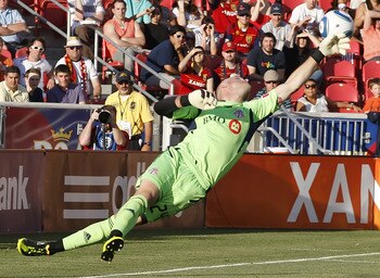 SANDY, UT - JUNE 25:  Goalie Stefan Frei #24 of the Toronto FC dives for a shot on goal during a game against Real Salt Lake during the first half of an MLS soccer game June 25, 2011 at Rio Tinto Stadium in Sandy, Utah. (Photo by George Frey/Getty Images)