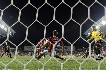 CHESTER, PA- JUNE 25: Andrew Boyens #2 of the Chivas USA makes a save with goaltender Dan Kennedy #1 out of position during the game against Philadelphia Union at PPL Park on June 25, 2011 in Chester, Pennsylvania. The Union won 3-2. (Photo by Drew Hallow