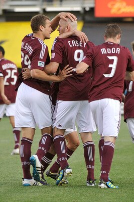 COLUMBUS, OH - JUNE 26:  Conor Casey #9 of the Colorado Rapids is congratulated by teammate Scott Palguta #29 of the Colorado Rapids after scoring a first half goal against the Columbus Crew on June 26, 2011 at Crew Stadium in Columbus, Ohio.   (Photo by